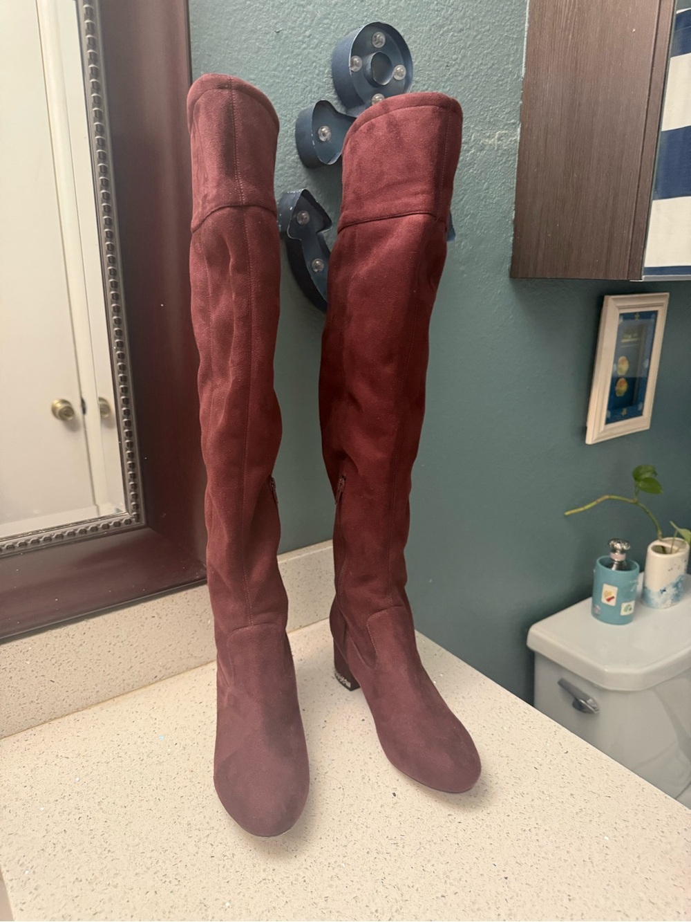 Over-the-Knee Burgundy Suede Boots with Block Heel
